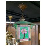 slag glass light fixture with a single bulb, pink and green--$400