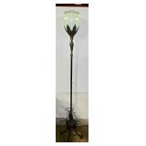 Art Deco Bronze Tulip Floor Lamp w/ Art Glass Shade