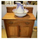 Oak Washstand w/Bowl & Pitcher