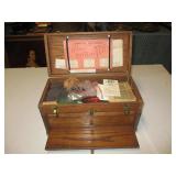 Oak fly tying box loaded with hooks & etc.