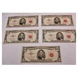 5 Red Seal 5 Dollar Bills-Front