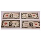 4 Red Seal Two Dollar Bills-Front