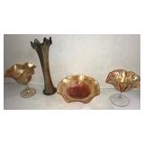 Carnival Glass Vase & Candy Dishes