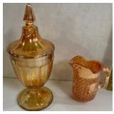 Carnival Glass Candy Dish & Pitcher