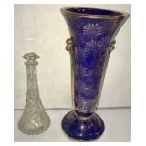 Cut Glass Cruet & Blue Vase