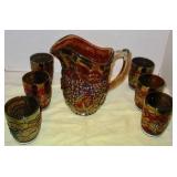 Carnival Glass Pitcher & Glasses