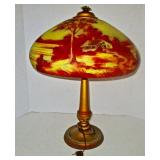 Reverse Painted Lamp w/ Cottage Scene