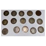 Lot of 15 Barber Dimes