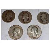 5 Silver Washington Quarters