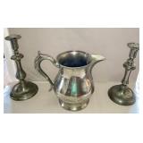 Pewter Pitcher & Candlesticks