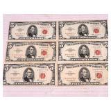 6 Red Seal Five Dollar Notes