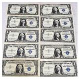 10 One Dollar Silver Certificates