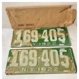 Mint Pair of 1922 NY Plates w/ Mailer