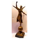 24" Antique Bronze  Mercury-Like Female Figure on Marble Plynth 