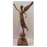 24" Antique Bronze  Mercury-Like Female Figure on Marble Plynth 