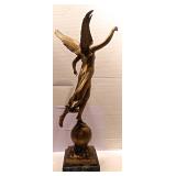 24" Antique Bronze  Mercury-Like Female Figure on Marble Plynth 