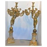 Pair of 30" Cherub Candelabras - Bronze on Marble Pedestals