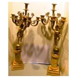 Pair of 30" Cherub Candelabras - Bronze on Marble Pedestals