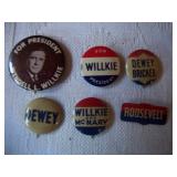 Campaign buttons Wilkie, Dewey, Roosevelt