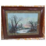 Winter cabin scene in Oak frame