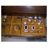 nice drop-front jewelry chest with 4-drawers & jewelry