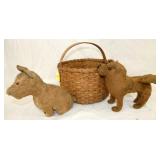EARLY OAK BASKET, HANDMADE ANIMALS 
