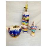 POTTERY TEAPOT,LAMP,BASKET 