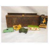 EARLY WOODEN ADV. VA BOX, TIN, TOYS 