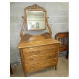 OAK DRESSER W/BEV. MIRROR,CARVINGS 