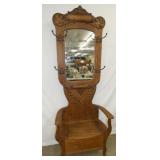 OAK HALL SEAT W/ MIRROR,CARVINGS,ROLL 