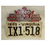 1940 VA WORLDS FAIR TAG W/ TOPPER