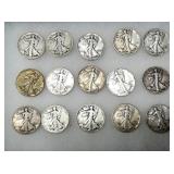 15 SILVER WALKING LIBERTY HALVES