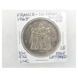 SILVER .900 UNC FRANCE 10 FRANCS
