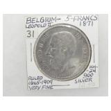 .900 SILVER BEGIUM 5 FRANCS 1871