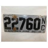1916 PORC. NC LIC. TAG