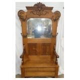 42X86 LG OAK HALL SEAT W/ CARVINGS