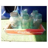 COKE CRATE W/ BLUE FRUIT JARS