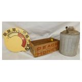 THERM., WOODEN PEACH BOX, KEROSENE CAN
