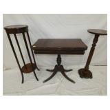 MAH. GAME TABLE, CANDLE STANDS