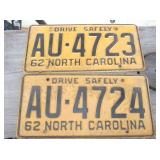 NC 1962 CONS. NUMBER TAGS