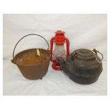 CAST IRON KETTLE, POTS, LANTERN