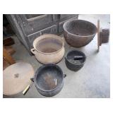 VIEW 3 VARIOUS CAST IRON POTS