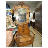 OAK HALL SEAT W/ CARVINGS AND MIRROR