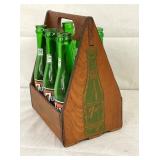 WOODEN 7UP 6PK CARRIER W/ BOTTLES