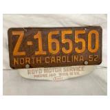 1952 NC LICENSE TAG 