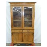 OAK GLASS FRONT CABINET W/2 DRAWERS