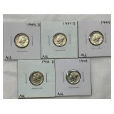 (5) MERCURY DIMES ABOUT UNC