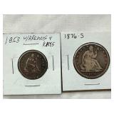 1853 SEATED LIB. QUARTER,1876 O LIB. 1/2