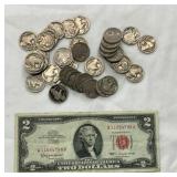 1963 $2 RED SEAL,(44) BUFFALO NICKELS