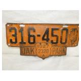 EARLY 1927 OAK PARK LIC. TAG